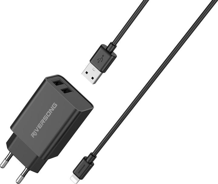 Image du produit Riversong chargeur mural SafeKub D2 2x USB 12W noir + câble USB - Lightning AD29 + CL85 (12 W, 2 ports)
