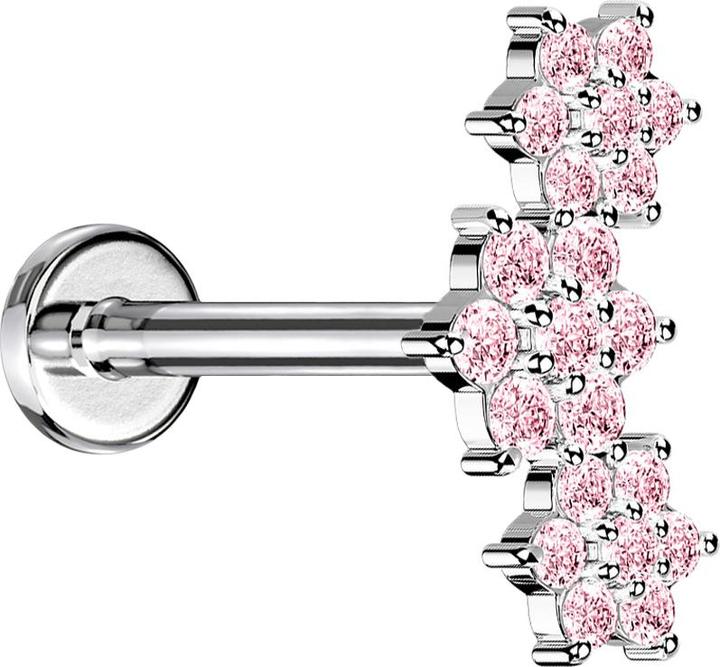 Immagine prodotto Star Piercing Micro labret filo interno argento tre fiori cristalli rosa (Ottone, senza ottone, Acciaio chirurgico 316L, Titanio)