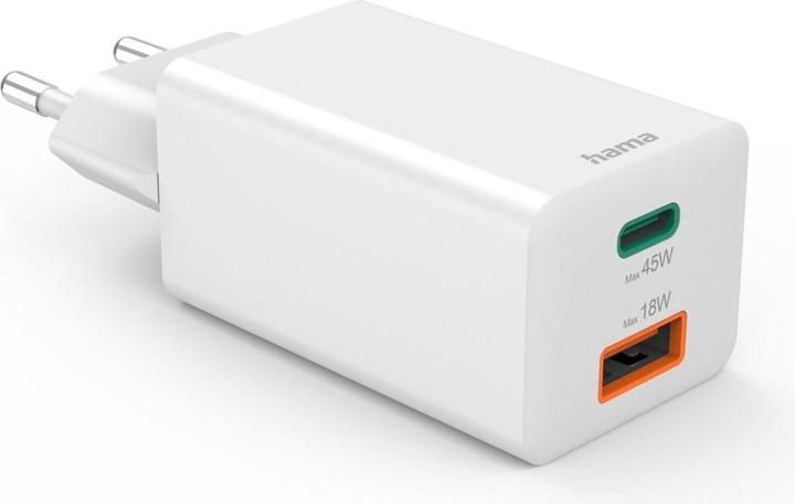 Image du produit Hama Chargeur rapide, 1x USB-C PD, 1x USB-A QC, mini-chargeur, 45 W, blanc (45 W)