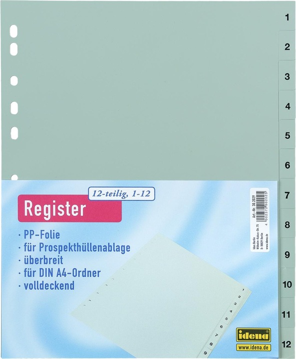 Produktbild Idena Kunststoffregister A4 1 bis 12 grau PP