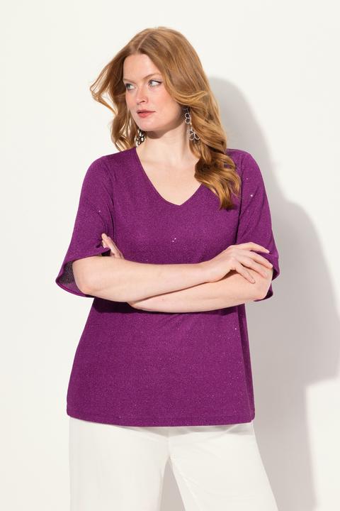 Immagine prodotto Ulla Popken Maglia a doppio strato con effetto glitter, scollo a V e mezze maniche (46, 48)