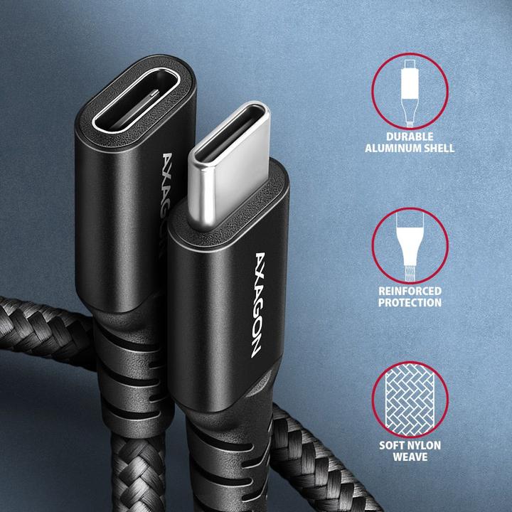 Produktbild Axagon BUCM32-CF10AB Kabelis Verlängerungskabel Gen2 USB-C – USB-C, 1 m, 5 A, 20 Gbit (1 m, USB 3.2 Gen 2x2, 240 W)