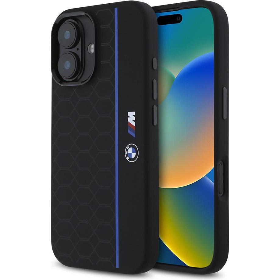 BMW BMHMP16S23SHEB iPhone 16 6.1" czarny/black hardcase Silicone Hexagon Blue Line MagSafe (Apple iPhone 16), Smartphone...