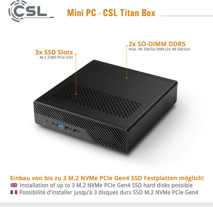 Actual product image CSL Mini-PC TitanBox i9-12900H / 8GB / 500 GB M.2 SSD / Windows 11 Pro (500 GB, 8 GB, Intel Core i9-12900H, Intel Iris Graphics)