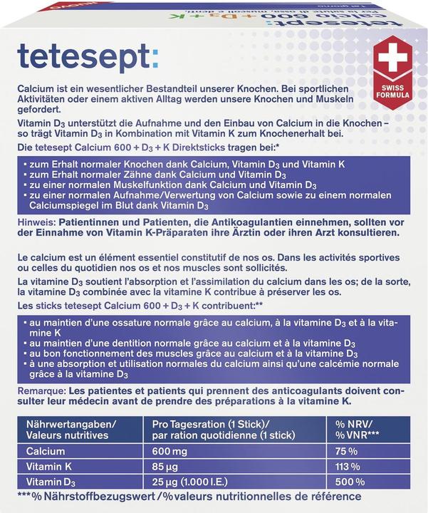 Nährwerte und Zutaten Tetesept Calcium 600+D3 Direktstick (20 Stück, Pulver, 67 g)