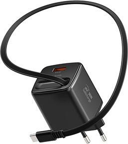 Produktbild Swissten Netzadapter SlideCHARGE GaN 30W, 1 Anschluss, 1x USB-A, MIT EINZIEHBAREM USB-C-KABEL (30 W, 1 Port)