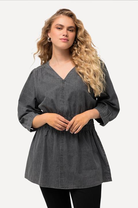 Image du produit Ulla Popken Blouse en jean à col en V et manches 3/4, couture horizontale - silhouette en A (50, 52)