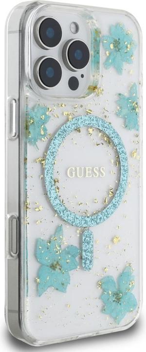 Actual product image Guess Case Resin Flowers Glitter MagSafe for iPhone 16 Pro turquoise (Apple iPhone 16 Pro)