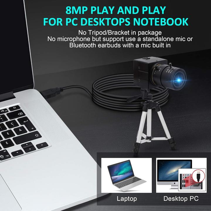 Actual product image ELP 8MP Zoom-Webkamera mit variablem Fokus (8 Mpx)