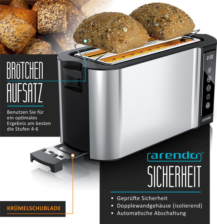Produktbild Arendo Toaster Edelstahl 4 Scheiben Langschlitz, Touchpannel, Brötchenaufsatz, Display mit Restzeitanzeige