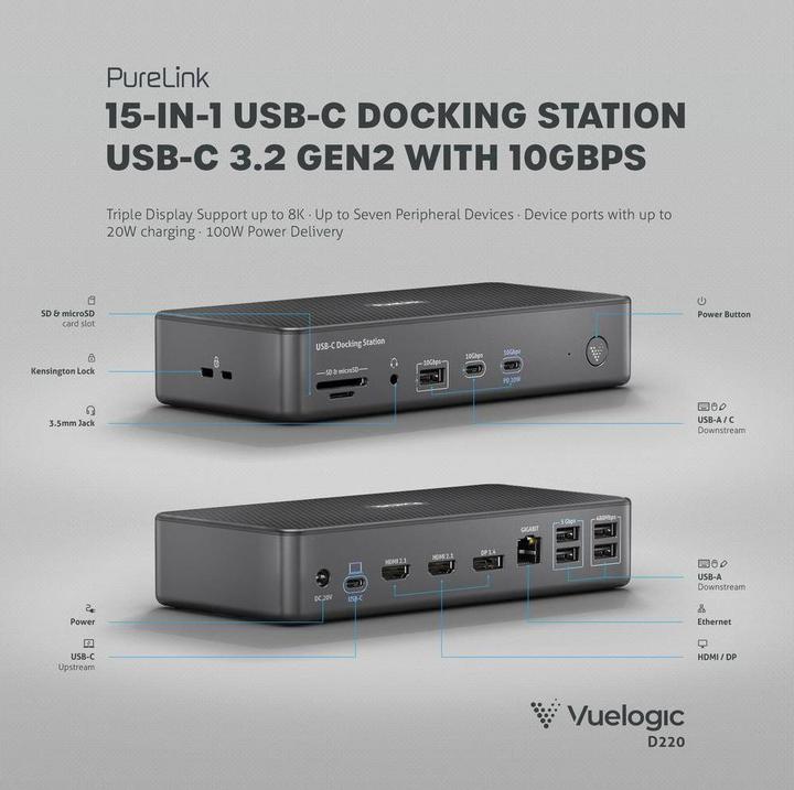 Produktbild Purelink Vuelogic - Dock - D220 - Dreifach-Display USB3.2 Gen2 MST Desk Dock - 8K-Unterstützung (USB-C, 15 Ports)