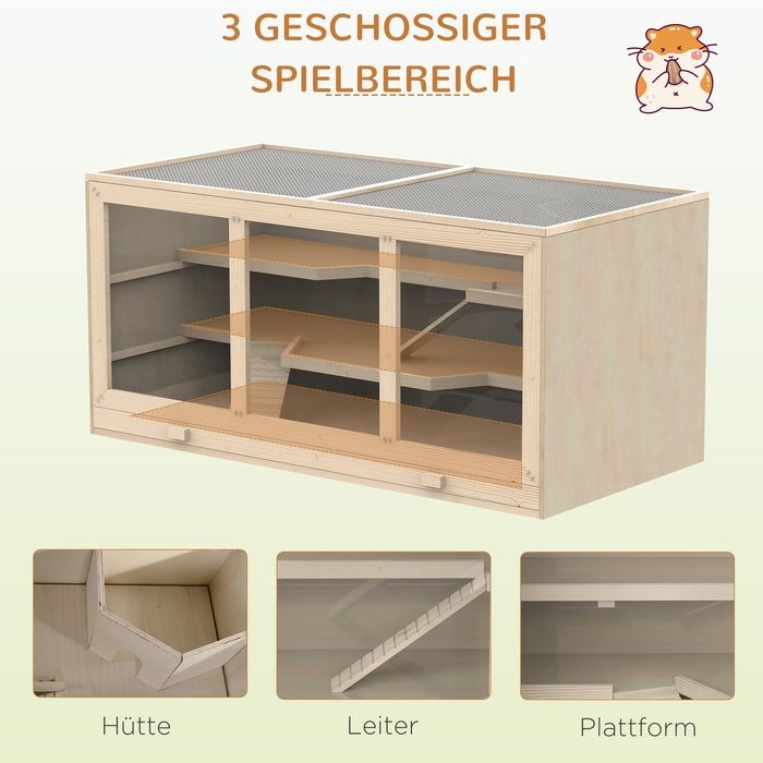 Produktbild Swisshandel24 Hamsterkäfig Nagerkäfig Kleintierstall aus Holz Mäusekäfig mit Treppen Kleintierkäfig Nagervilla Dre