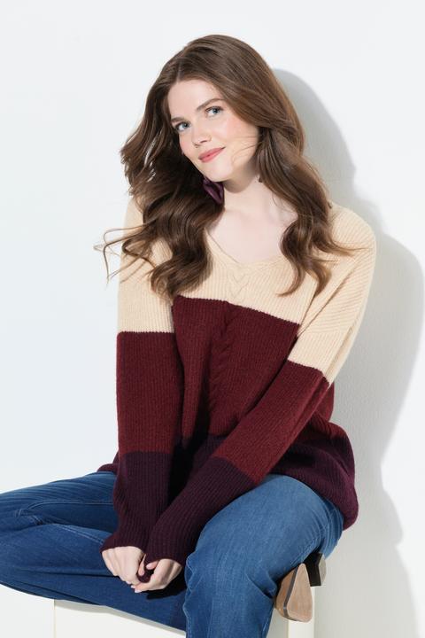 Actual product image Ulla Popken Cable Knit Block Stripe V-Neck Sweater (46, 48)