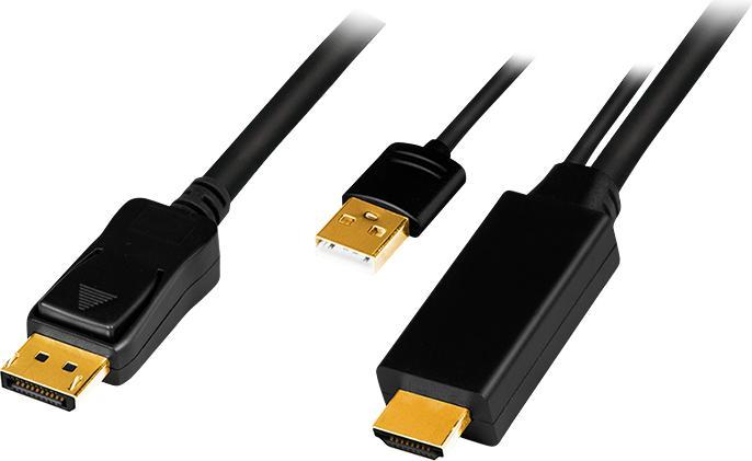 LogiLink CH0091 HDMI cable A/M + USB-A/M to DP/M, UHD 4K/30 Hz, bw, 2 m (2 m, HDMI)