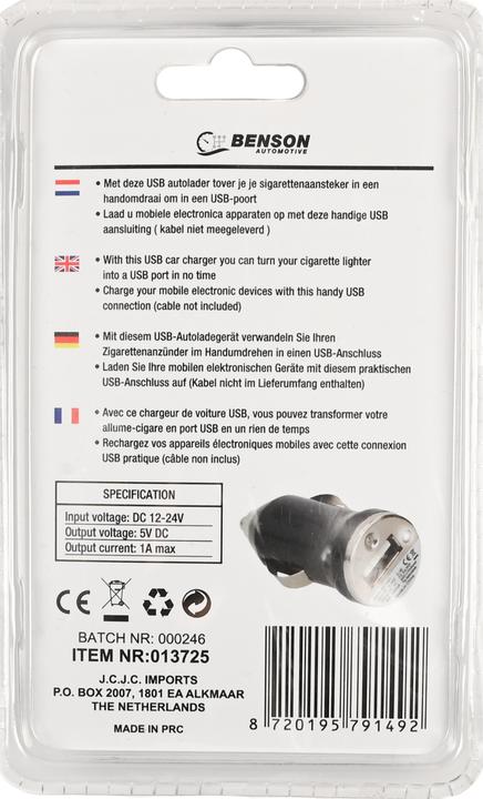 Actual product image Benson Car charger USB 1a 12-24V