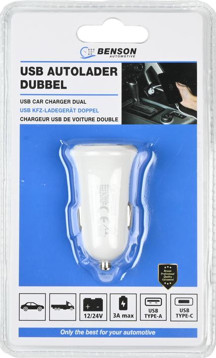 Actual product image Benson Car charger USB A + usb-c 3a 12-24V