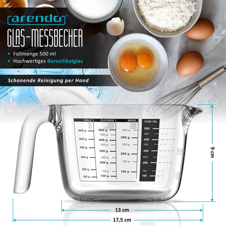 Immagine prodotto Arendo Messbecher 500 ml Glas Messkrug, Borosilikatglas, Mikrowellengeeignet, Küchenmass, Masskanne, 0,5 L (500 ml)