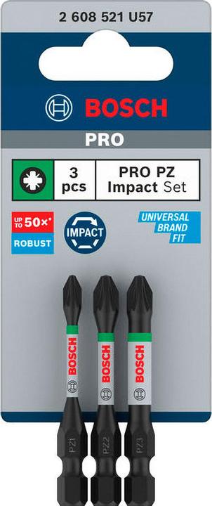 Actual product image Bosch Professional Zubehör PRO Pozidriv Impact Bit, PZ1, PZ2, PZ3, 55 mm, 3 pcs. (PZ3, PZ2, PZ1)