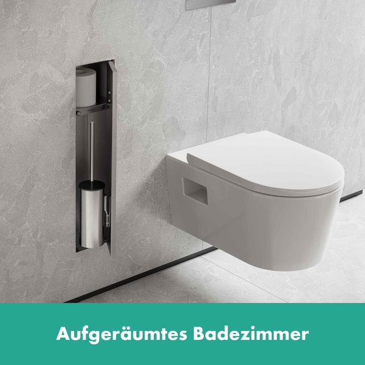 Actual product image hansgrohe XtraStoris Rock toilet brush holder, with shelf, tileable door, frameless, 145x140x595mm