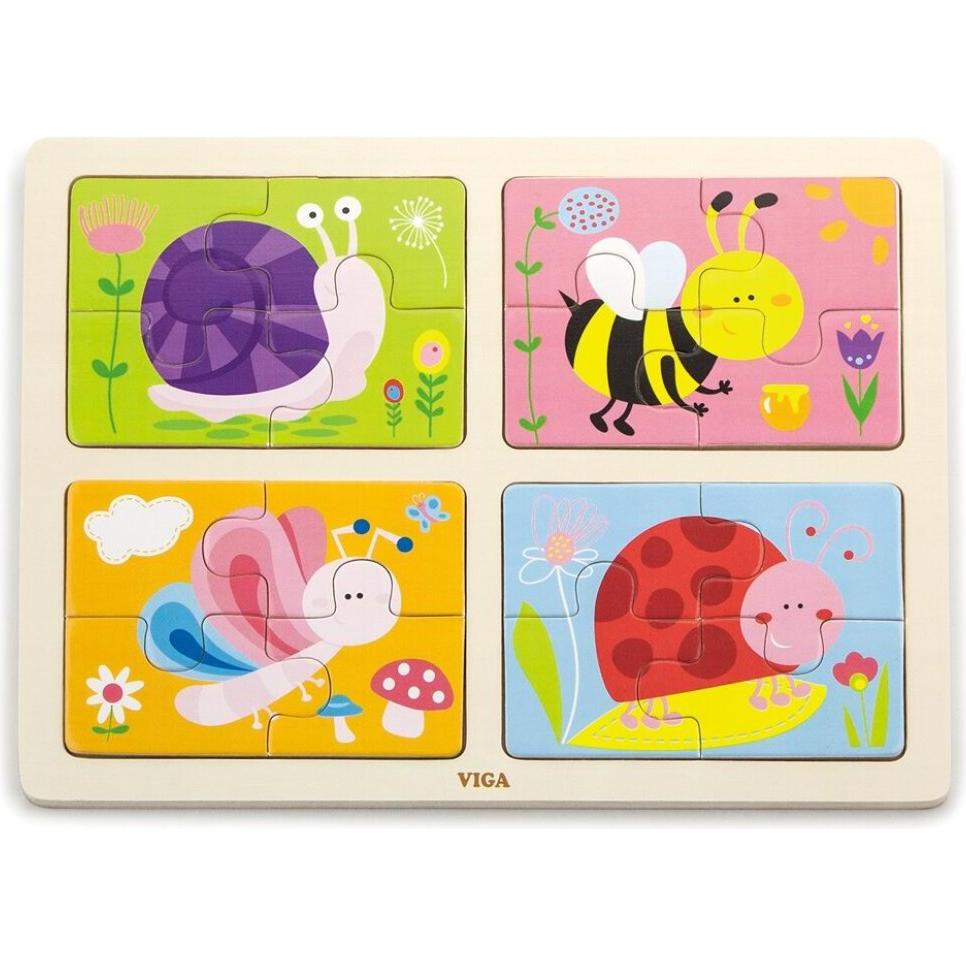Viga Toys VIGA Holzpuzzle Tiere der Wiese 4x4 Teile (16 Teile)