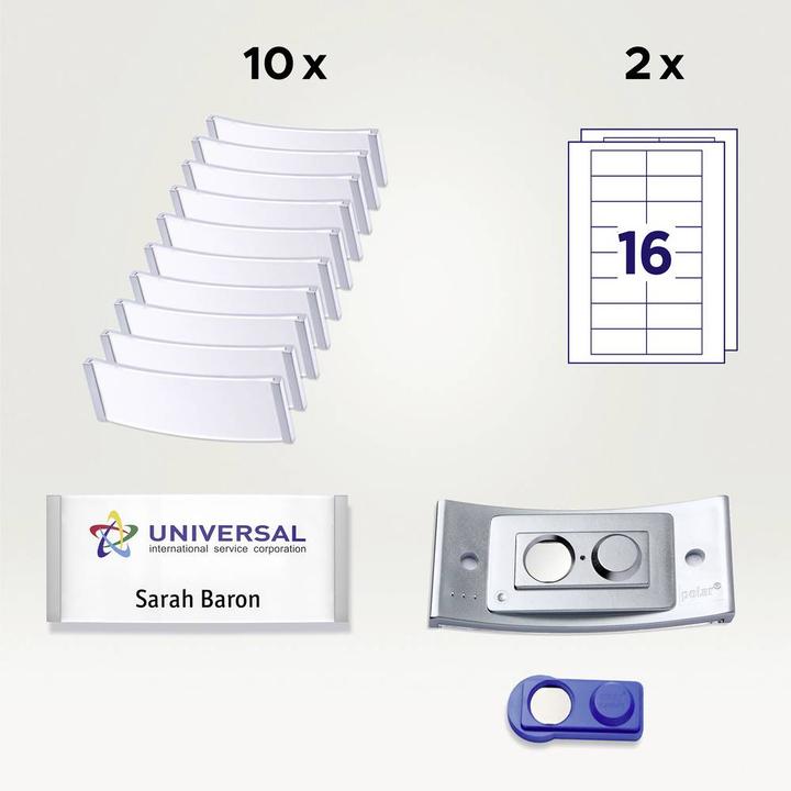 Actual product image Badgepoint POL35MA66-10DR Name badges, 74 x 34 mm, metal-coloured