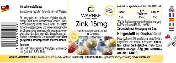 Valori nutrizionali e ingredienti Warnke Zinco 15 mg compresse, 250 compresse (250 pz., Pillole, 83 g)