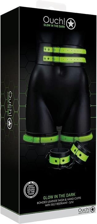 Productafbeelding Ouch! Dijbeenboeien met riem en handboeien - Glow in the Dark - S/M