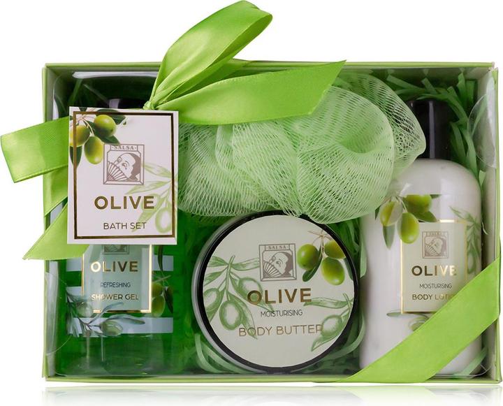 Accentra Badeset OLIVE in Geschenkbox, inkl. 180ml Duschgel, 180ml Bodylotion, 60ml Körperbutter, 10g Netzsch (Körperpflegeset, Haarpflege set)