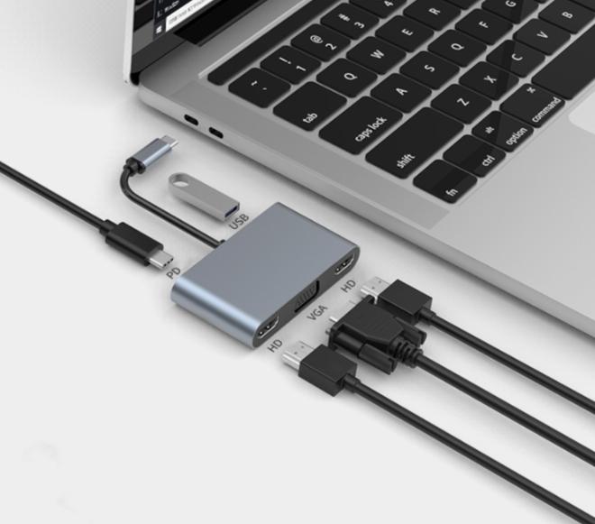 Produktbild Hermex USB-Hub 5in1 USB-C in/out USB-A 3.0 2x HDMI 4K VGA (USB-C, 5 Ports)