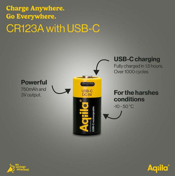 Actual product image Aqiila - USB-C Rechargeable Battery - Size CR123A - 750 mAh - 2-pack (2 pcs., RCR123A, 750 mAh)