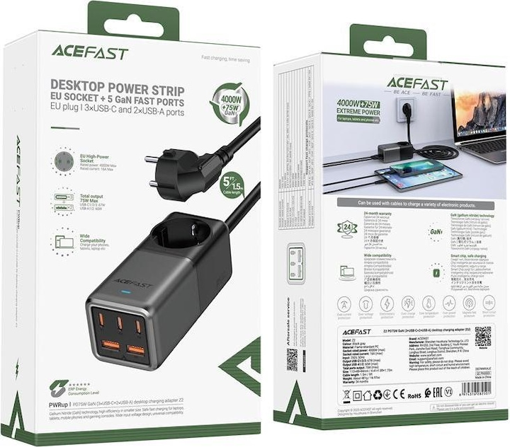 Produktbild Acefast Desktop power strip Z2, GaN, 3xUSB-C, 2xUSB-A, 75W (black) (75 W)