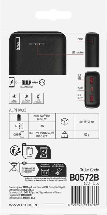 Immagine prodotto Emos Powerbank AlphaQ3, 20 000 mAh, 22,5 W, schwarz (20000 mAh, 22.50 W, 74 Wh)