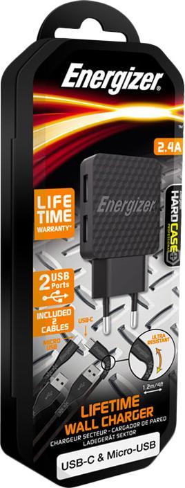 Produktbild Energizer Lifetime Wall Charger USB-C + Micro-USB Cable (2m) black (12 W)