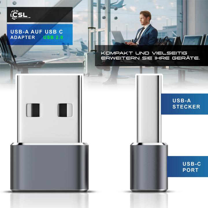Actual product image CSL Adapter Stecker USB-A auf USB-C Buchse, USB 2.0, 480 Mbit/s Transfer, ultraflaches Design, Plug&Play (USB-C)