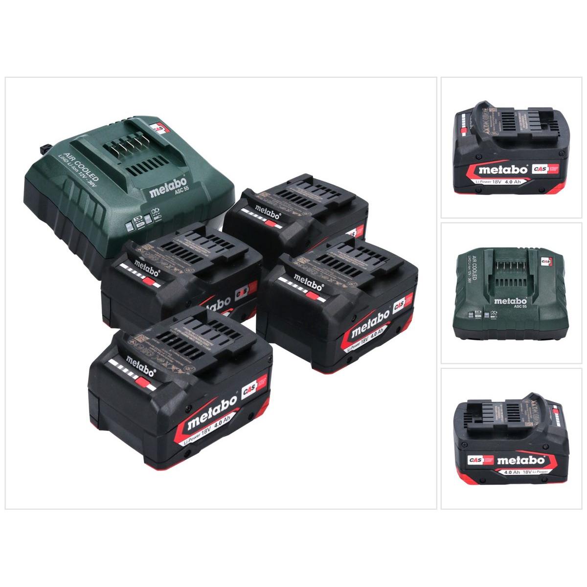Metabo, Werkzeugakku + Ladegerät, Basis Set 4x Li-Power Akkupack 18 V 4,0 Ah CAS Li-Ion Akku ( 4x 625027000 ) + ASC 55 L...