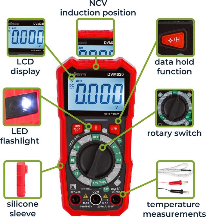 Actual product image Velleman Universal, robust true RMS digital multimeter - CAT III - 600 V - 8 functions (CAT III 600V)
