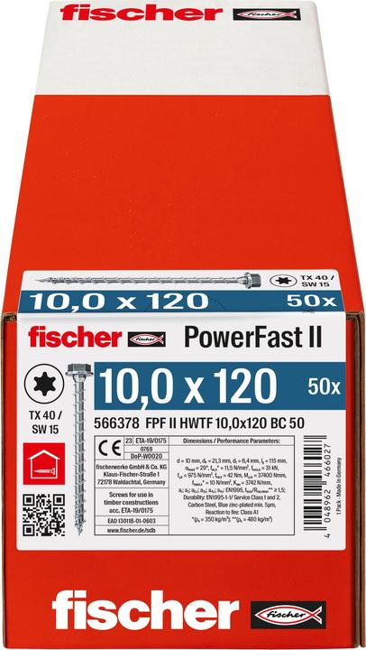 Energie-Label Fischer Holzschraube PowerFast II 10,0x120 6kant TX blvz 50 (50 Schrauben pro Stück)