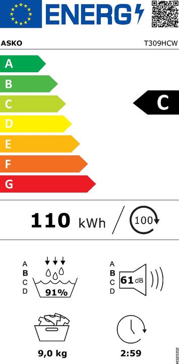 Energie-Label Asko T309HCW (9 kg, Links, Rechts, Wechselbar)