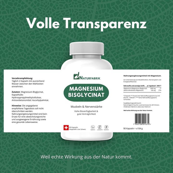 Nährwerte und Zutaten Naturfabrik Magnesium Bisglycinat Kapseln 90 Stück – Muskeln & Nerven (90 Stück, Kapseln, 104 g)