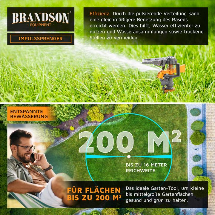 Immagine prodotto Brandson Irrigatore circolare, irrigatore a intervalli, irrigatore a impulsi a 360°, irrigatore per prato (Irrigatori ad impulso, circolari e a settori)