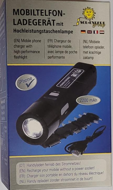 Image du produit Sol-Expert Chargeur de téléphone portable avec lampe de poche haute performance (2200 mAh)