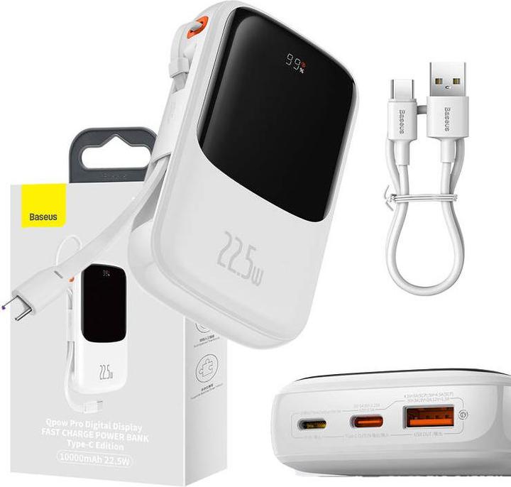 Actual product image Baseus Powerbank Qpow Pro with USB-C cable, USB-C, USB, 10000mAh, 22.5W (white) (10000 mAh, 22.50 W, 37 Wh)