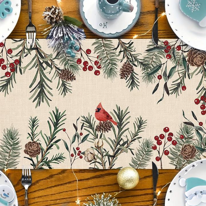Actual product image Alopini Table runner, winter theme pine needles twigs printed table runner, pine cones cardinal red birds (100 x 100 cm)