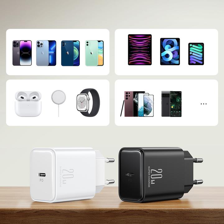 Actual product image Joyroom JR-TCF06 Flash Series PD 20W Single-Port Charger-Black (EU)+C to L Cable 1m-Black (20 W, 1 portion)