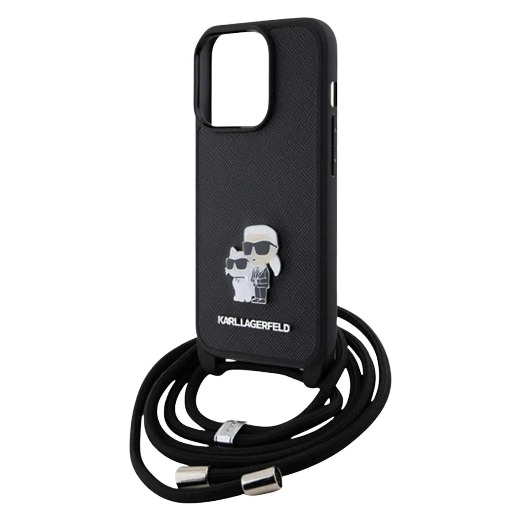 Karl Lagerfeld KLHCP15LSAKCPSK IPhone 15 Pro 6.1" Hardcase Czarny/black Crossbody Saffiano Metal Pin (Apple IPhone 15 Pro), Smartphone Hülle, Schwarz