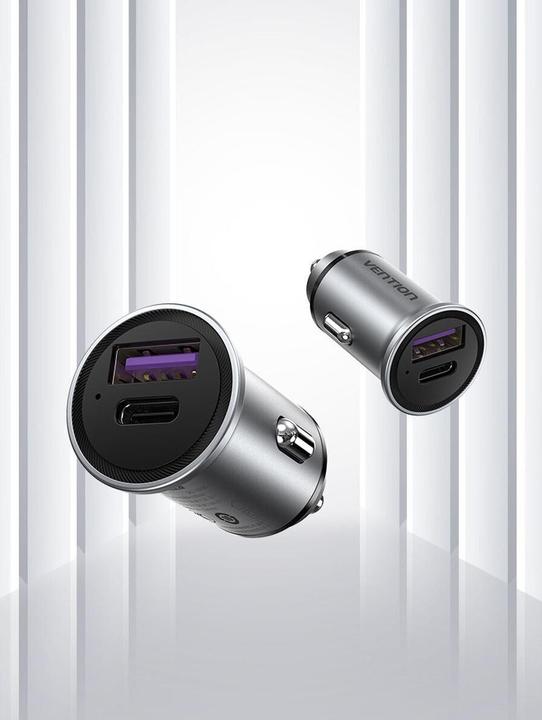 Actual product image Vention Two-Port USB A+A(30+30) Car Charger Gray Mini Style Aluminium Alloy Type