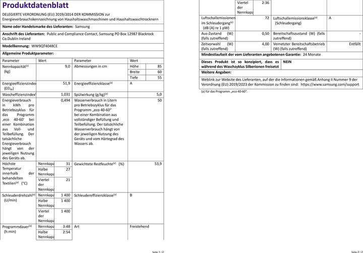Nutritional values and ingredients Samsung WW9QT4048CE/EG FoamActive (9 kg, Left)