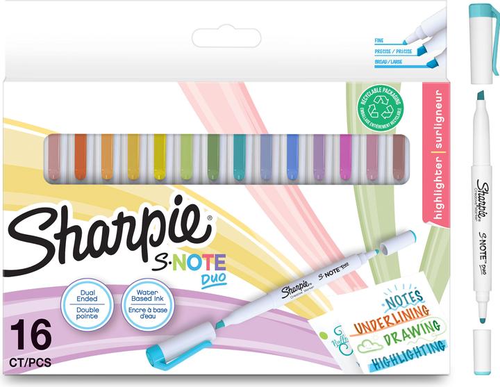 Produktbild Sharpie Textmarker S-Note DUO Keil- und Rundspitze 16er Blister (Light Gray, Autumn Sunset, Raspberry, Honey, Daffodil (Narzisse), Cinnamon, blue dusk, Kiwi, Lavender, Mango, Limeade, Periwinkle, Sea Green, Guava, hadrangea blue (Hortensie), Carnation (Nelke), 3.50 mm, 16 x)
