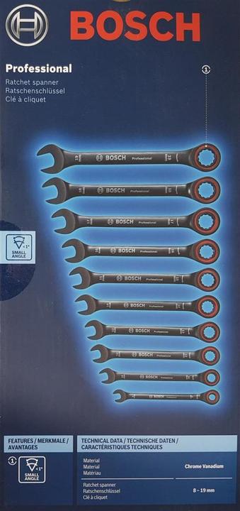 Produktbild Bosch Professional 10 teiliges Set Schraubenschlüssel (8 mm, 10 mm, 12 mm, 13 mm, 14 mm, 15 mm, 16 mm, 17 mm, 18 mm, 19 mm)