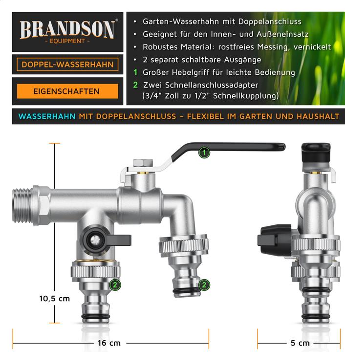 Produktbild Brandson 4x Absperrventil Wasserhahn Garten 1/2 & 3/4 Zoll aus Messing, Schnellkupplung, Gardena kompatibel